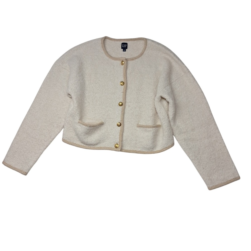 Gap Boucle Sweater Cardigan Women Large Tall Cream Chino Gold Button Lady Jacket